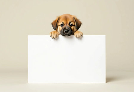 A cute puppy is curiously looking over a large blank canvas, inspiring creativity and playfulness. The soft backdrop adds a warm and inviting atmosphere perfect for artistic expression.の素材