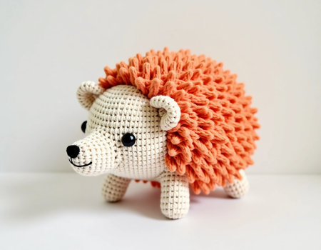 This whimsical knitted hedgehog toy is a perfect decorative piece for childrens rooms or play areas, radiating warmth with its soft, colorful spikes and friendly expression.の素材