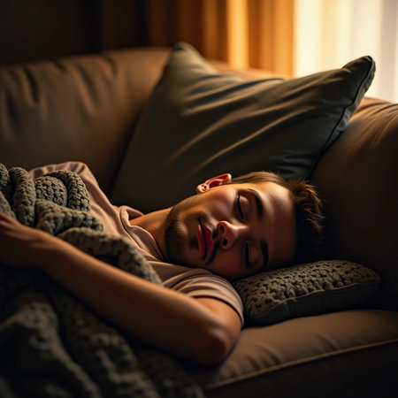 In the warm glow of evening light, a young man enjoys a tranquil slumber on a comfortable sofa, wrapped in soft blankets, immersed in dreams at home.の素材