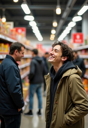 In a bustling hypermarket, two friends share hearty laughter as they navigate vibrant aisles filled with colorful products, creating a joyful ambiance on a lively weekend.の素材