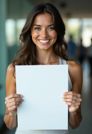 In a well-lit environment, a cheerful woman showcases a blank poster, inviting creativity and inspiration. Her radiant smile reflects warmth and openness, connecting with viewers.の素材