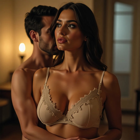 A woman stands gracefully while a man gently leans into her, creating a romantic atmosphere in their dimly lit home.の素材