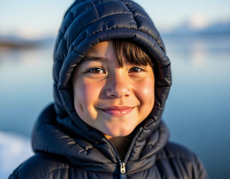 A joyful young Alaska Native boy wears a cozy jacket while standing by the calm waters of Alaska. Sunlight highlights his features, creating a warm and inviting atmosphere.の素材