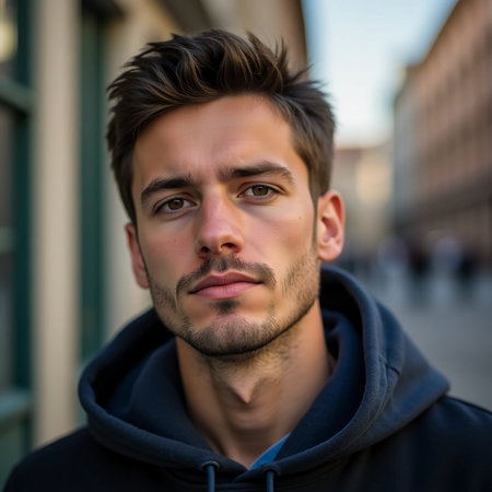 In the heart of Belgrade, a young Serbian man strolls casually, effortlessly charming as he soaks in the vibrant city life around him.の素材