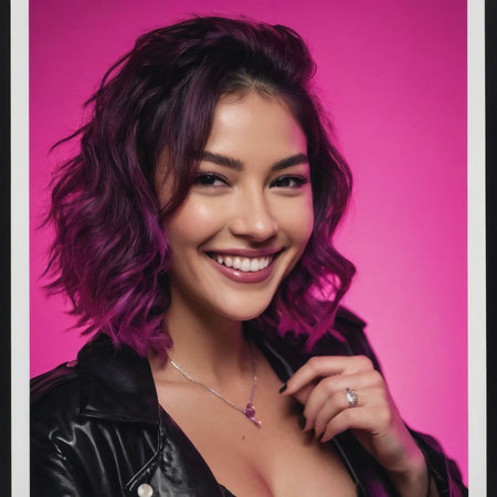 Vibrant portrait of a young Serbian woman with striking hair in a stylish setting, radiating confidence and charm while showcasing her unique fashion sense and captivating smile.の素材