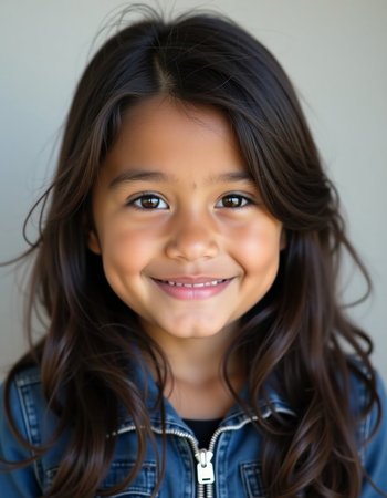 A young Alaska Native girl radiates joy, showcasing her long hair and vibrant spirit. She wears traditional attire, reflecting her cultural roots and identity.の素材