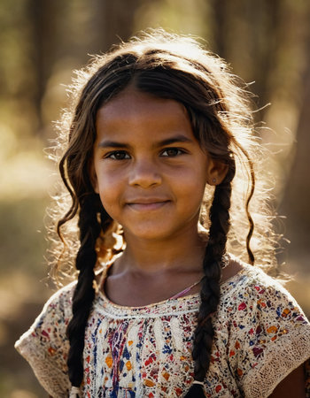 Standing amidst the quiet embrace of nature, a young Aboriginal girl beams with pride and resilience, showcasing the richness of her cultural heritage and identity.の素材