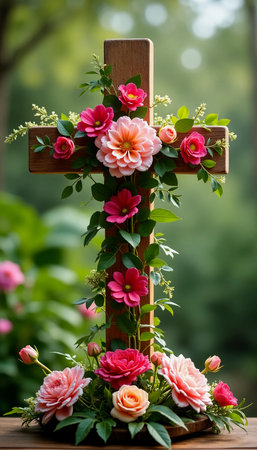A wooden cross stands surrounded by vibrant flowers and lush greenery, creating a peaceful atmosphere.の素材