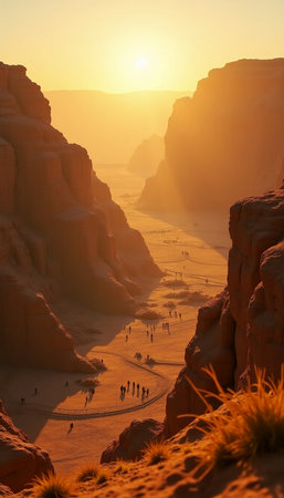 Sunset bathes the rugged terrain of ancient lands in golden hues, as groups of wanderers traverse the winding paths of a historic valley, evoking a sense of timelessness and heritage.の素材