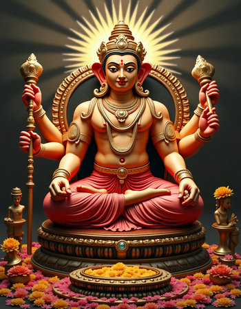 A beautifully crafted idol radiates warmth and spiritual energy, surrounded by colorful marigold flowers during a vibrant religious festival.の素材