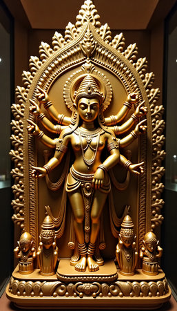 A magnificent golden idol stands majestically, showcasing multiple arms and detailed carvings that symbolize divine power and spirituality.の素材
