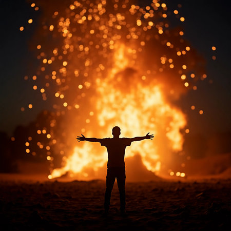 A figure with arms wide open welcomes the massive bonfire's light, as enchanting sparks dance in the dark sky, creating an exhilarating atmosphere.の素材