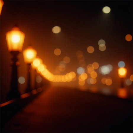 A picturesque walkway emerges under the gentle glow of lanterns, illuminating a waterfront pier as evening settles in, creating a calm and enchanting atmosphere.の素材