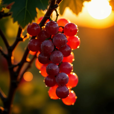 Clusters of vibrant red grapes hang delicately from a vine, illuminated by the soothing glow of a setting sun. The vineyard radiates warmth and tranquility as day transitions to night.の素材