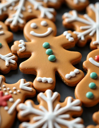 A delightful spread of gingerbread cookies awaits, showcasing charming designs featuring smiling gingerbread figures and snowflakes.の素材