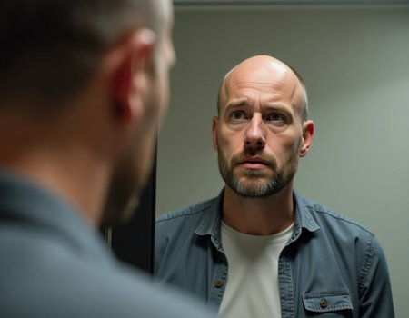 A bald man stands before a mirror, lost in thought amid soft hues of watercolor. The calm atmosphere invites reflection, highlighting moments of self discovery and contemplation.の素材