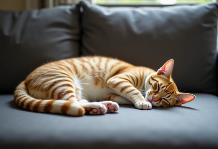 A charming orange tabby cat lies curled up on a comfortable gray sofa, basking in the warm sunlight streaming through a nearby window on a peaceful afternoon.の素材