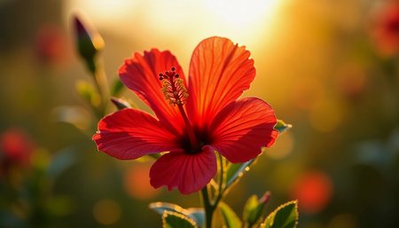Delicate red hibiscus blooms sway gently in the warm evening breeze, illuminated by soft golden sunlight, creating a serene atmosphere perfect for relaxation and creativity.の素材