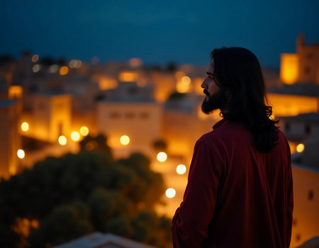 A skilled artist captures a contemplative figure overlooking Jerusalem at dusk. The warm glow of city lights complements the peaceful atmosphere of spirituality and reflection.の素材