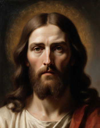 A calm, bearded figure gazes gently ahead, surrounded by an ethereal glow. The background emphasizes the figure tranquil and wise demeanor, creating a sense of reverence.の素材