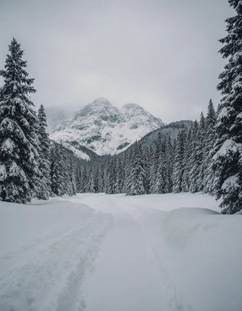Snow blankets the trees in a peaceful winter forest, setting a magical backdrop for festive gatherings during the Christmas and New Year season. Quiet paths await exploration.の素材