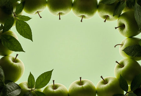 Bright, fresh green apples are neatly positioned around a light green background, surrounded by lush green leaves. This arrangement highlights the beauty of natural produce.の素材