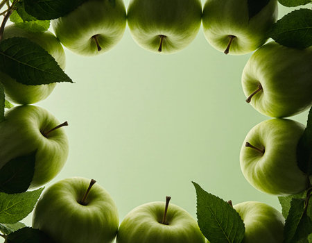 Fresh green apples surround a light green background, creating a vibrant and inviting display. Leaves add a natural touch to this healthy fruit setting.の素材