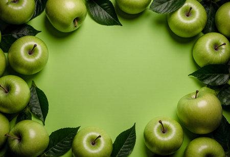 Fresh green apples are neatly arranged on a bright green surface, surrounded by green leaves. The scene evokes a sense of freshness and vitality, ideal for springtime.の素材