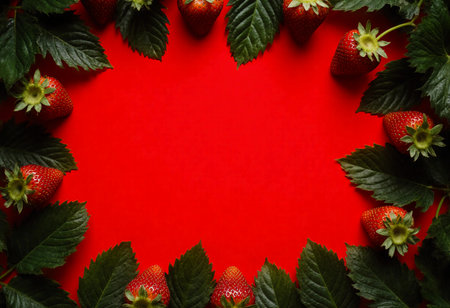 Fresh strawberries with green leaves create a striking contrast against a bright red background. This colorful arrangement brings a cheerful and appetizing feel.の素材