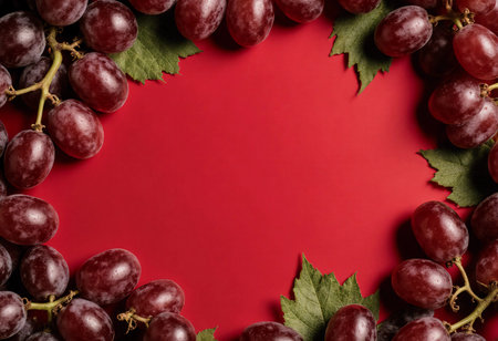 Clusters of fresh red grapes are artistically placed on a bright red background. Green leaves complement the grapes, enhancing the overall design and freshness of the scene.の素材
