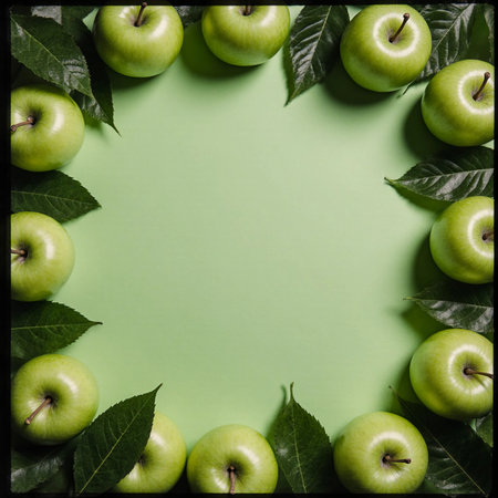 Fresh green apples are beautifully arranged with leaves on a bright green background. This composition showcases the vibrant colors and textures of the fruit and foliage.の素材