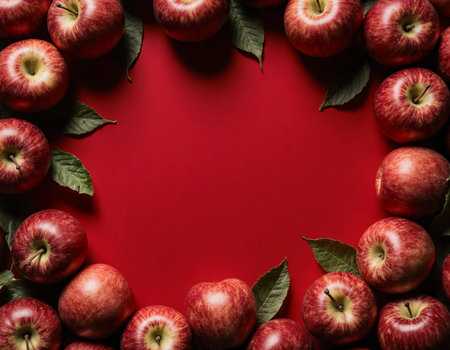 A circle of fresh, shiny red apples surrounded by green leaves lies on a bright red background. This colorful arrangement is perfect for fall celebrations or kitchen decor.の素材