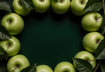 A circle of fresh green apples surrounded by dark green leaves sits on a rich green background. This display creates a vibrant and simple decoration, showcasing natures bounty.の素材