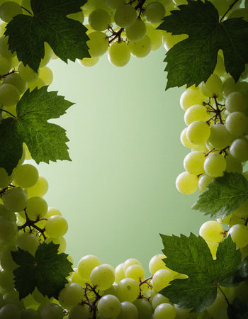 Clusters of fresh green grapes framed by leafy vines create a bright and inviting backdrop. The soft green tones enhance the natural beauty and freshness of the scene.の素材