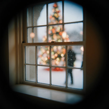 A beautiful Christmas tree displaying bright ornaments and a lovely garland is seen through a window. The scene captures the joy of winter and the holiday spirit.の素材