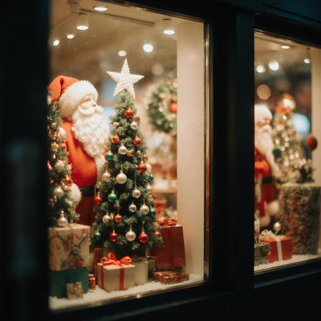 A cheerful holiday display features Santa Claus surrounded by sparkling Christmas trees and decorated gifts, inviting festive joy during the New Year season.の素材