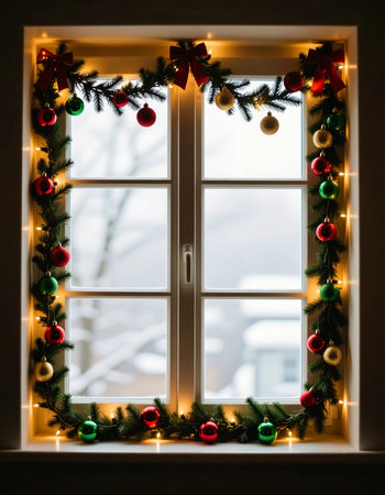 A cozy window adorned with garlands, bright Christmas balls, and twinkling lights creates a warm holiday atmosphere during winter.の素材