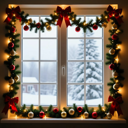 A beautifully decorated window is framed with a garland of evergreen branches, red bows, and shiny Christmas tree balls, set against a snowy landscape outside during winter.の素材