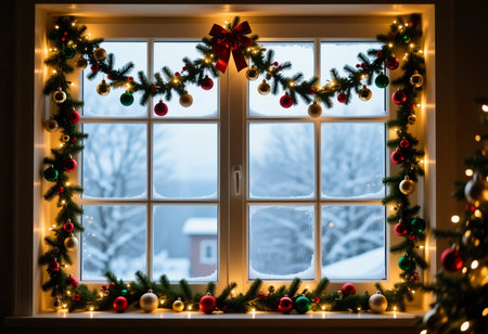 A beautiful window is adorned with a lush garland featuring colorful Christmas tree balls. Snow gently falls outside, creating a warm holiday atmosphere.の素材