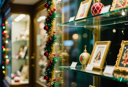 Colorful Christmas and New Year decorations fill the shop window, featuring sparkling ornaments, framed photos, and a festive garland that brightens the scene.の素材