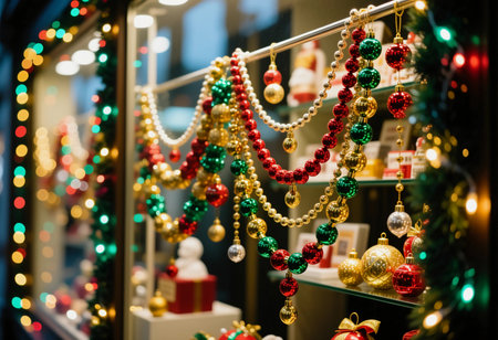 Brightly colored garlands and ornaments hang beautifully in a shop's window during the Christmas and New Year celebration, attracting holiday shoppers and passersby.の素材