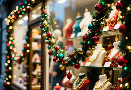 Bright lights and colorful ornaments adorn the shop window. Displayed jewelry highlights the festive spirit of Christmas and New Year celebrations during the holiday season.の素材