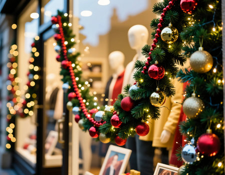 Shopfront displays colorful festive decorations for Christmas and New Year, featuring greenery, ornaments, and mannequins dressed in seasonal attire during the evening.の素材