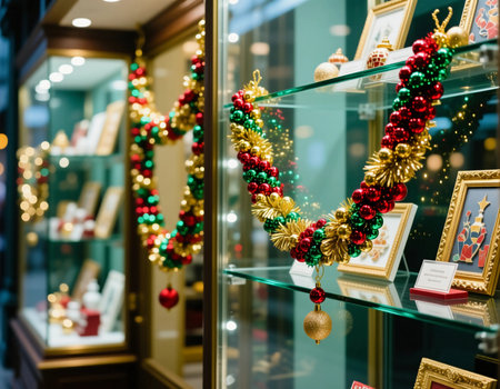 Bright decorations in red, green, and gold adorn the festive shop showcase, featuring ornaments and holiday-themed items for the Christmas and New Year celebrations.の素材