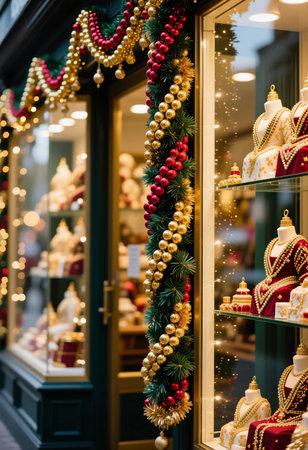 A jewelry store showcases a charming window display complete with festive decorations, sparkling lights, and stunning jewelry pieces ready for the holiday season.の素材