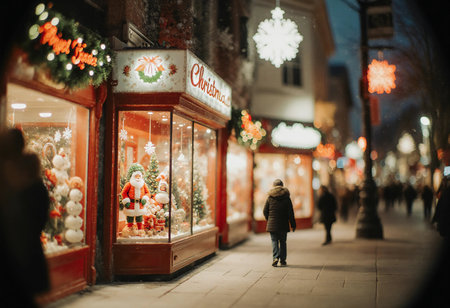 A person walks along a cheerful street decorated for the holiday season. Bright lights and festive displays featuring Santa Claus fill shop windows, creating a joyful atmosphere. Tilt shift effect. Generative AI.の素材