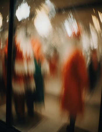 A vibrant Christmas New Year showcase features Santa Claus and joyful holiday decorations, inviting visitors to experience festive spirit during celebratory season. Tilt shift effect. Generative AI.の素材