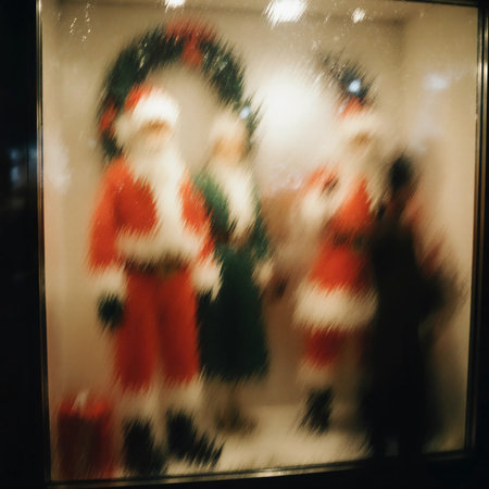 Santa Claus figures stand out in a festive display, surrounded by colorful decorations that embody the joyful spirit of Christmas and New Year celebrations. Tilt shift effect. Bokeh. Generative AI.の素材