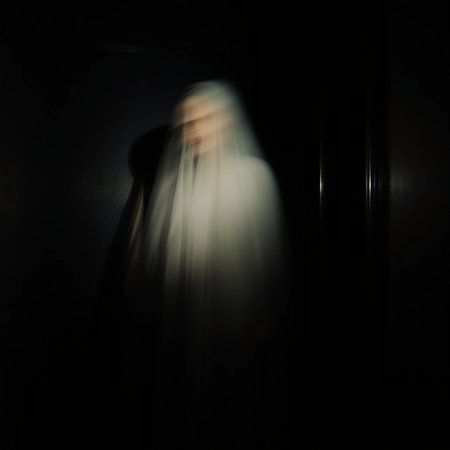 A faint, ethereal figure drifts through a shadowy area of a deserted building at night. The presence evokes an eerie feeling, enhancing the haunting atmosphere.の素材