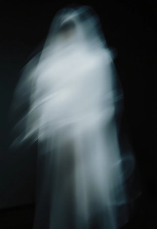 A mysterious ghostly figure shrouded in a flowing veil creates an unsettling atmosphere in a darkened room. The spectral vision evokes fear and intrigue, suggesting a ghostly presence.の素材
